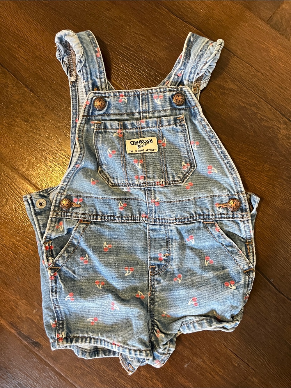 OshKosh B'gosh Light Blue Denim Shortalls with Red Cherry Print